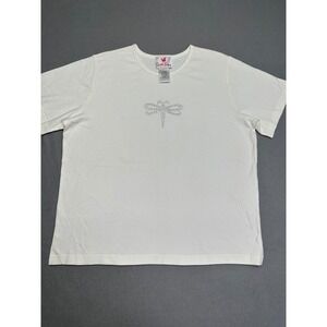 Quacker Factory White Rhinestone Dragonfly Cotton Short Sleeve Top Mens XL